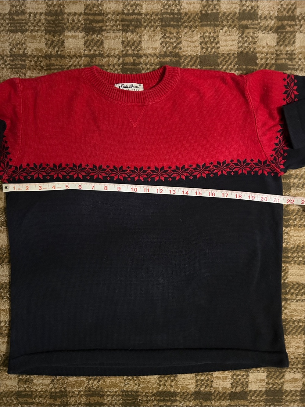 Eddie Bauer Red and Navy Snowflake Crewneck Sweater